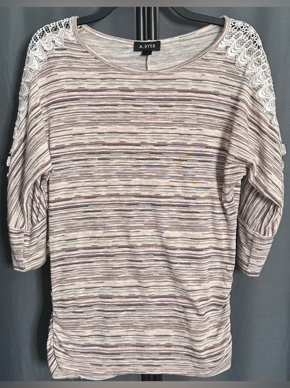🛍️BUNDLE DEAL🛍️ - A. Byer Striped Pink & Beige Lace Shoulder & 3/4 Sleeve Top